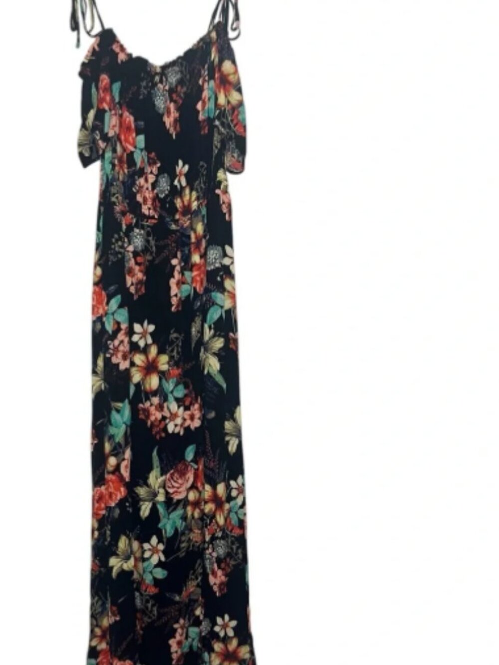 Black Floral Cold-Shoulder Maxi Dress with Multicolor Blooms